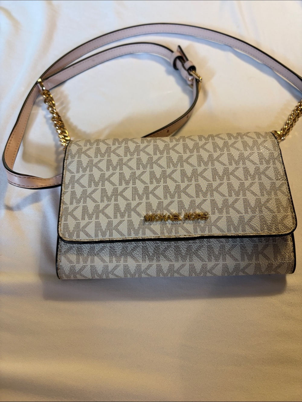 Michael Kors Beige/Light Pink Signature MK Crossbody with Gold Chain